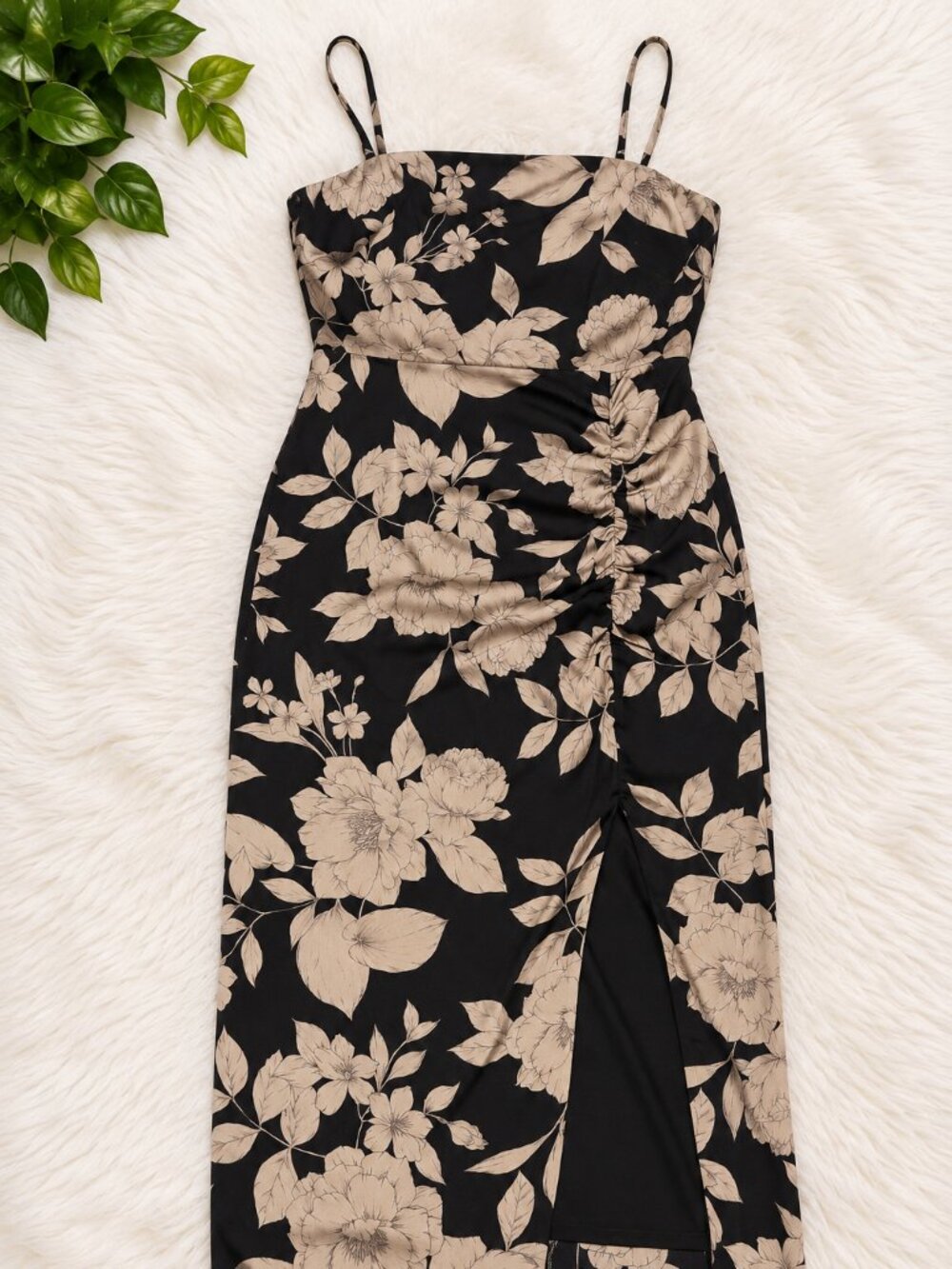 Black & Beige Floral Ruched Midi Dress